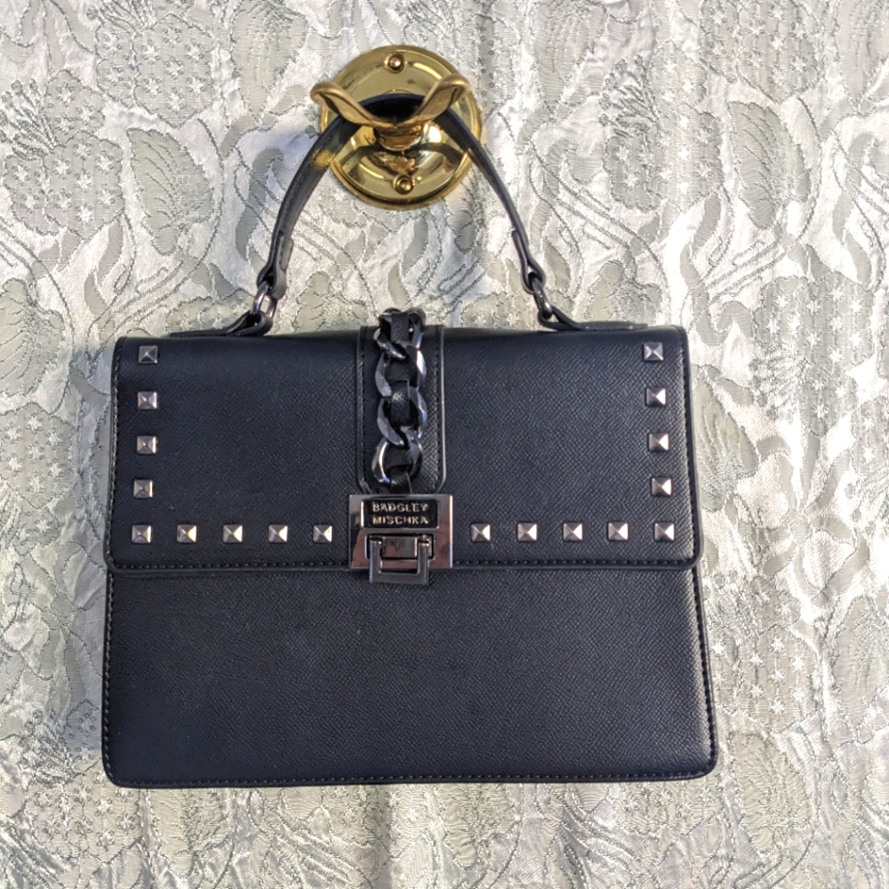 Badgley Mischka Chain & Stud Black Handbag